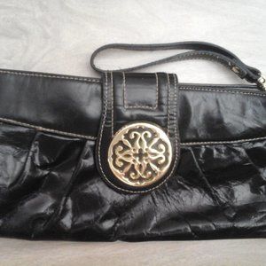 Solina Black Leather Snap Flap Zip Close Wristlet Clutch Handbag    Size 5x11